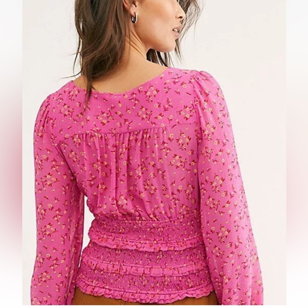 Free People Lolita‎ Smocked Floral Peasant Top Pink Sz XS - Picture 2 of 9